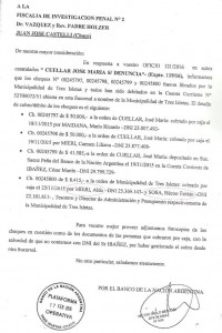 Copia del informe del Banco Nación que revela los nombres de las personas que cobraron los cuatro cheques de distintos montos, entre los que figuran dos exfuncionarios de la gestión Palacios