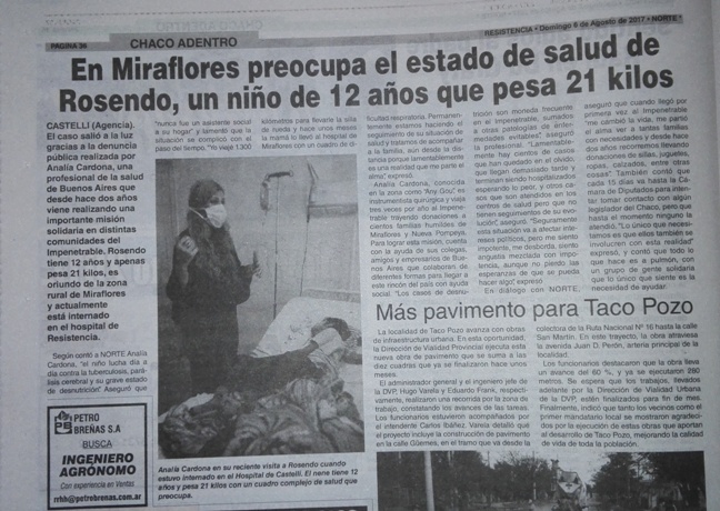 Este domingo, el Diario Norte publicó la situación que padece Rosenado, el nino de 12 años que pesa 21 kilos